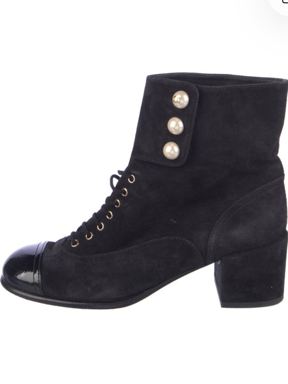 CHANEL Black Suede Lace-Up Ankle Boots with Patent Cap Toe and Pearl Buttons